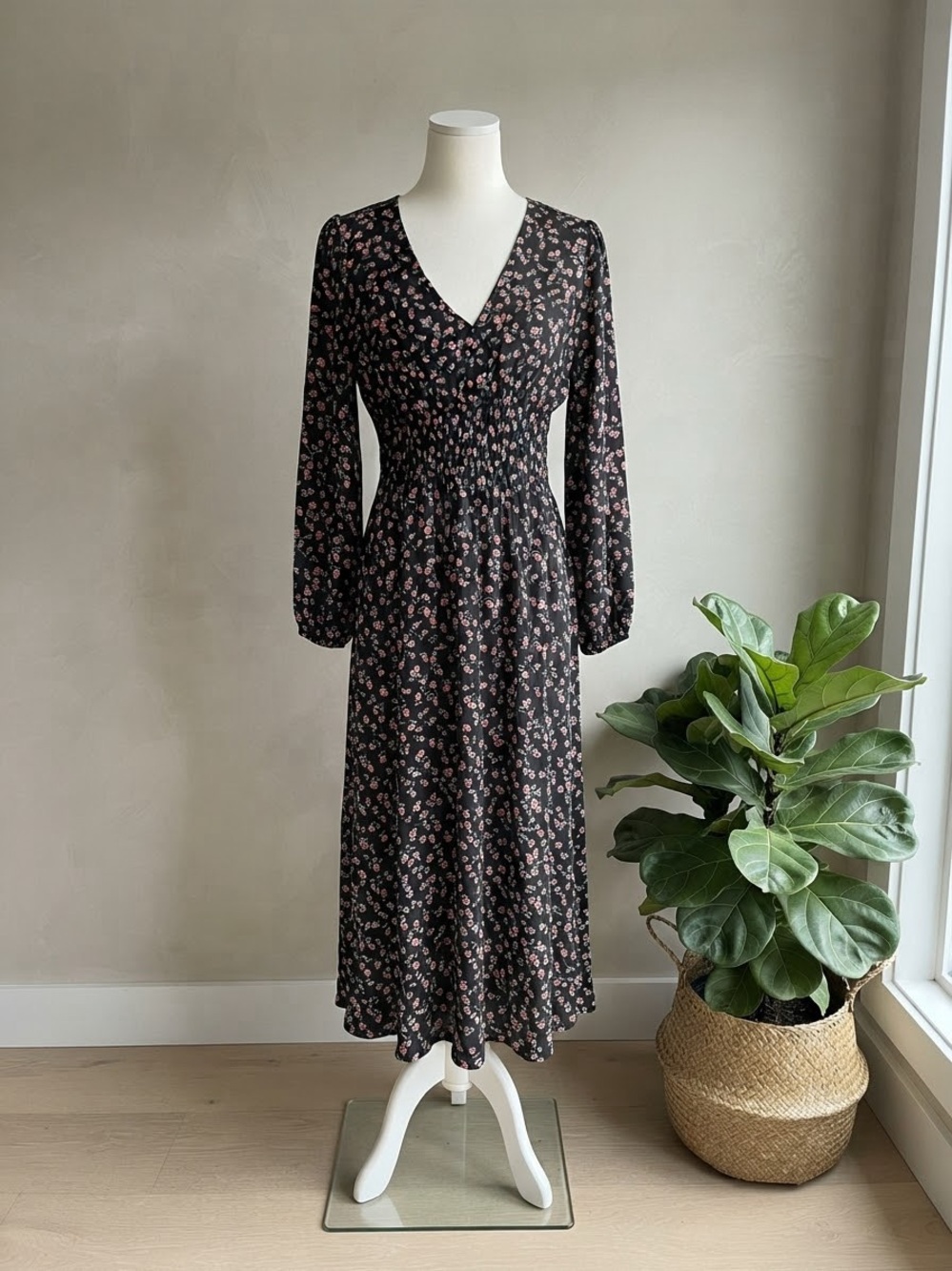 GAP Black Midi Dress with Pink Floral Print